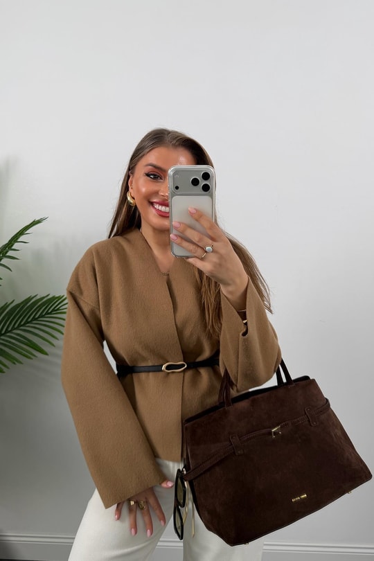 Kemerli Kaşe Kimono Ceket Camel