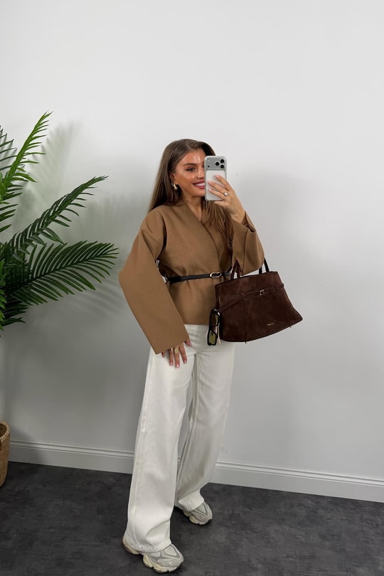 Kemerli Kaşe Kimono Ceket Camel