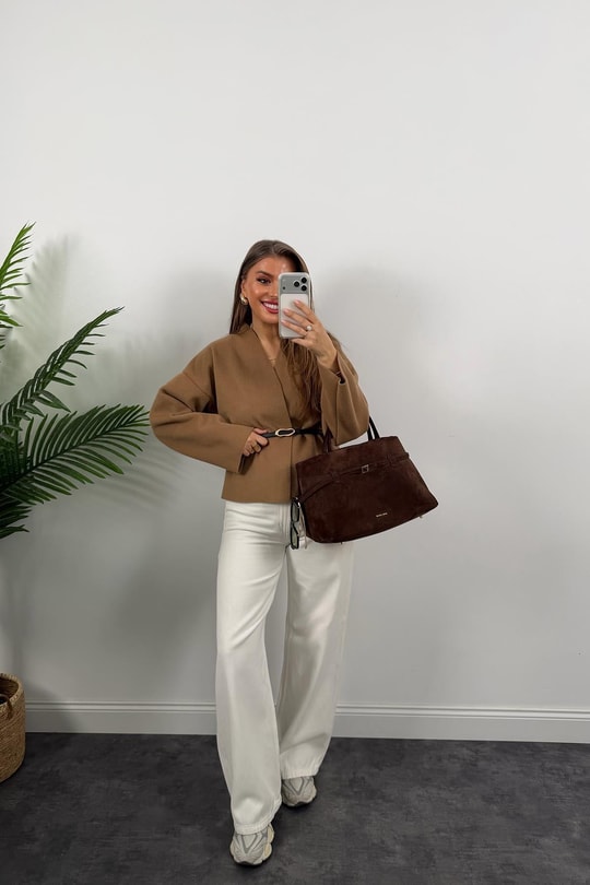 Kemerli Kaşe Kimono Ceket Camel