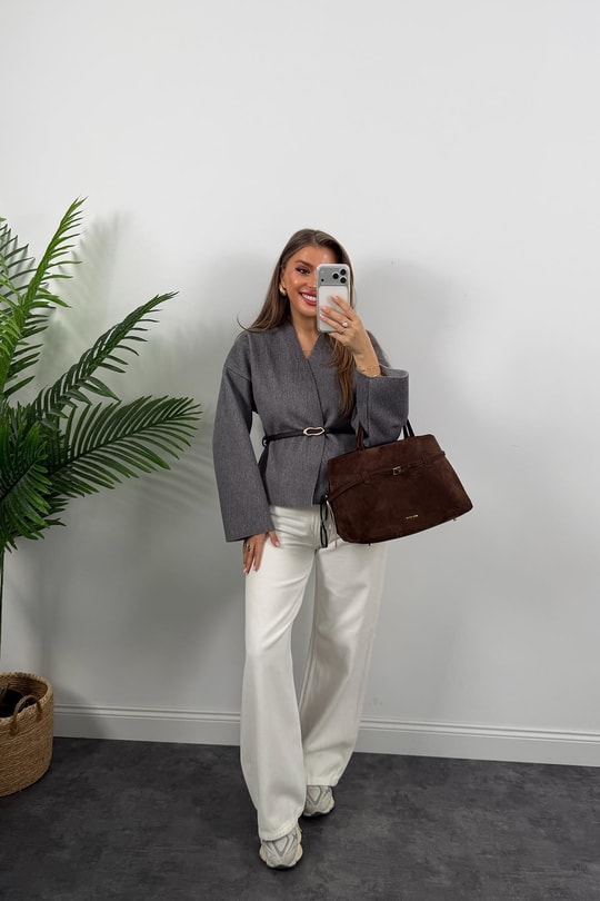Kemerli Kaşe Kimono Ceket Gri