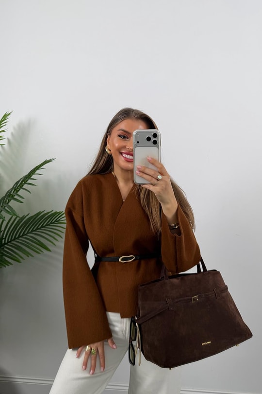 Kemerli Kaşe Kimono Ceket Kahve