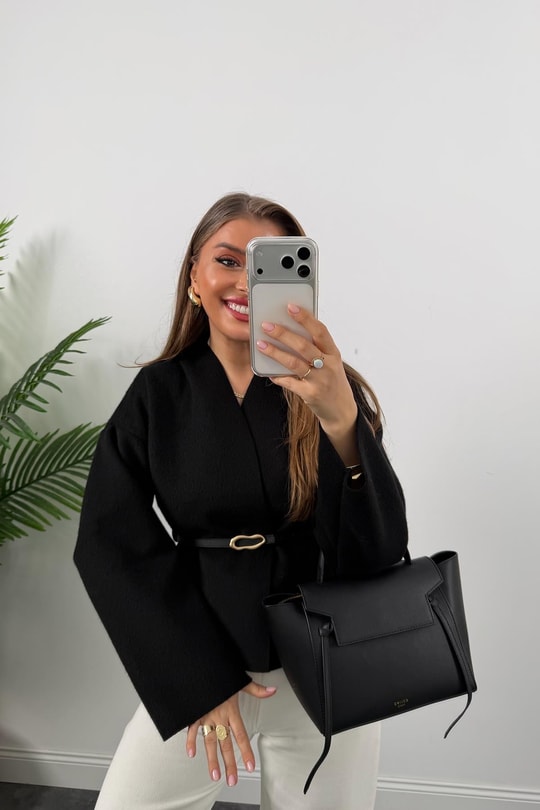 Kemerli Kaşe Kimono Ceket Siyah