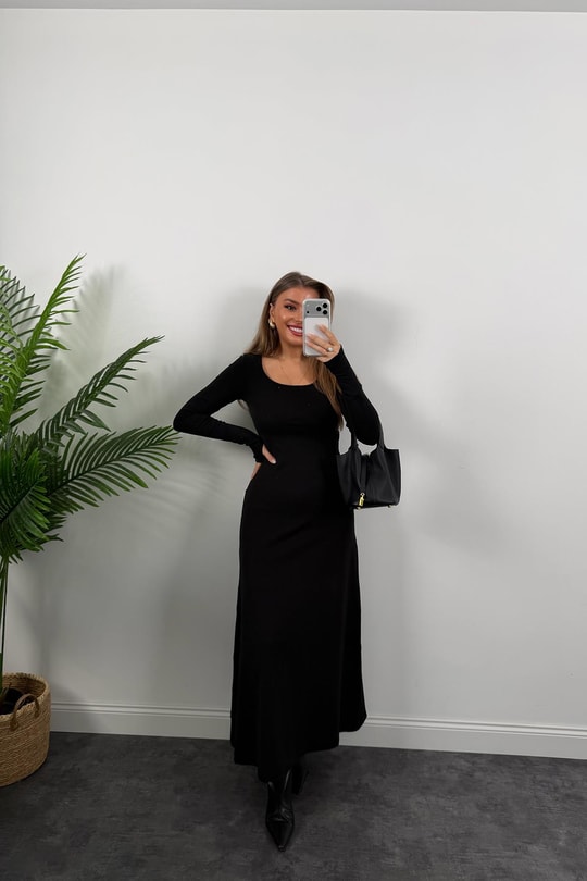 Likralı Çelik Kumaş Maxi Basic Elbise Siyah
