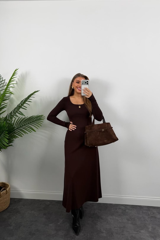 Likralı Çelik Kumaş Maxi Basic Elbise Acı Kahve