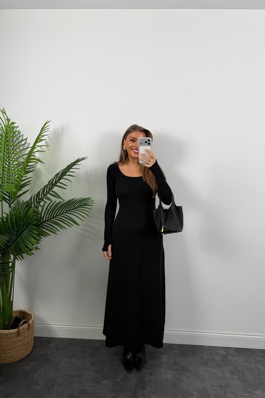 Likralı Çelik Kumaş Maxi Basic Elbise Siyah