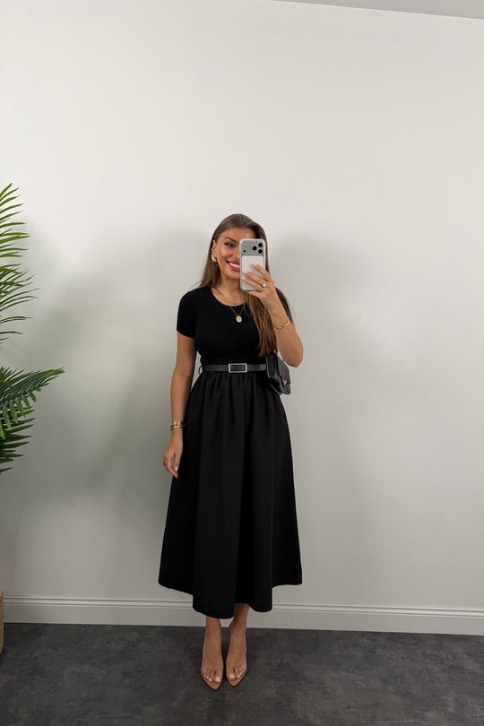 Likralı Kemerli Midi Boy Basic Kloş Elbise Siyah