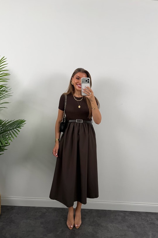Likralı Kemerli Midi Boy Basic Kloş Elbise Acı Kahve