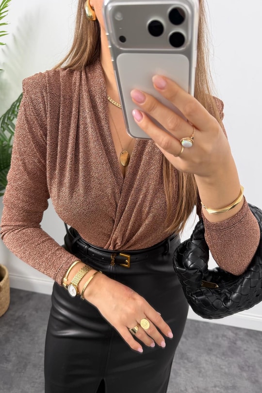Likralı Vatkalı Işıltılı Boydsuit Bakır