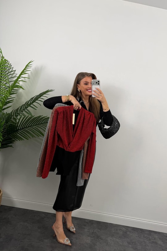 Likralı Vatkalı Işıltılı Boydsuit Kırmızı