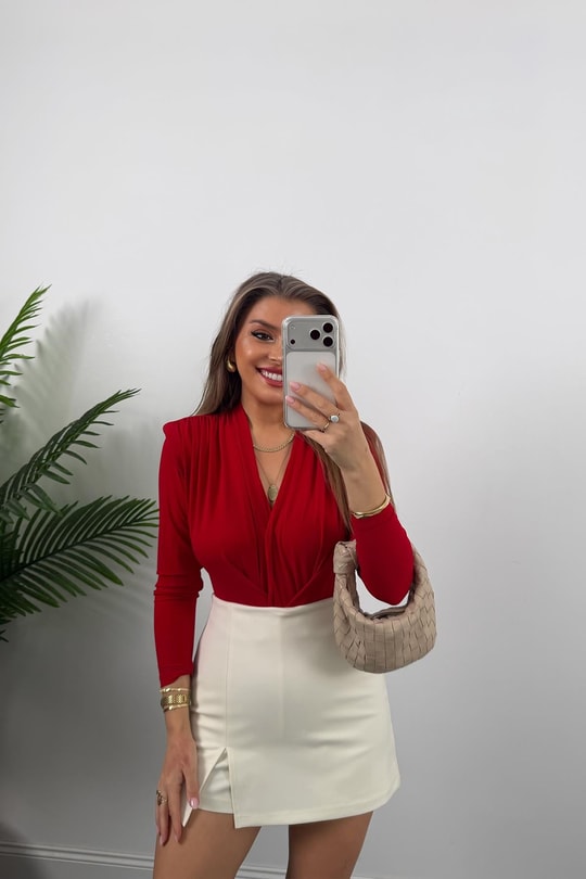 Likralı Vatkalı Uzun Kol Bodysuit Kırmızı