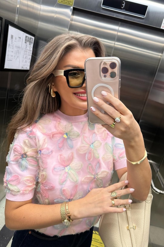 Lüx Kalite 3 Boyutlu Tasarım Flower Triko Pembe
