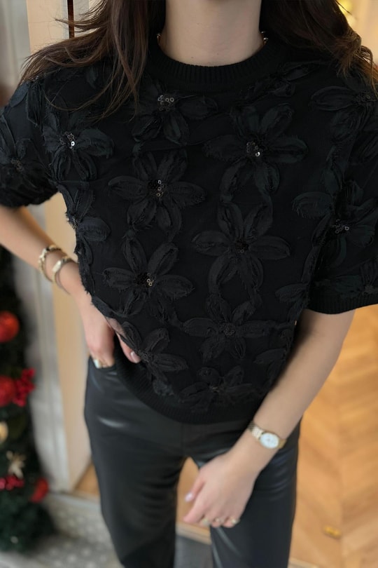 Lüx Kalite 3 Boyutlu Tasarım Flower Triko Siyah