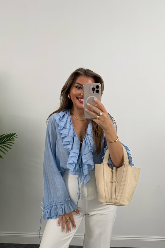 Lüx Kalite Amor Paris Valonlu Tasarım Gömlek Mavi