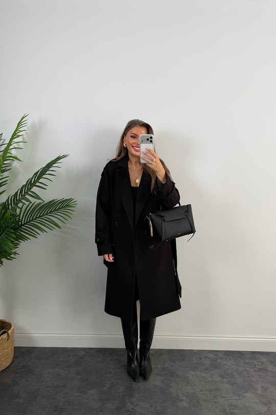 Lüx Kalite Apoletli Kuşaklı Kalın Kaşe Kaban Siyah