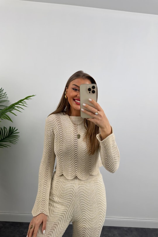 Lüx Kalite Astarlı Ajurlu Naturel Örme Takım