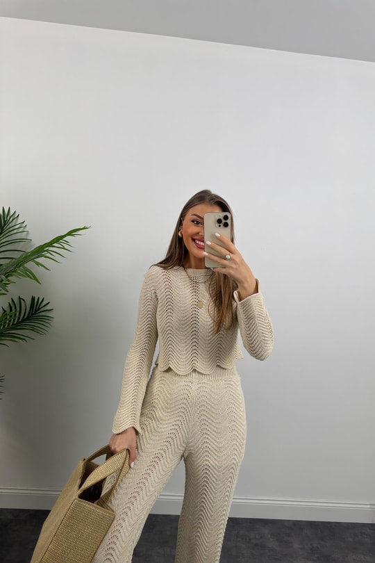 Lüx Kalite Astarlı Ajurlu Naturel Örme Takım