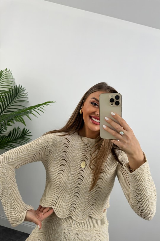 Lüx Kalite Astarlı Ajurlu Naturel Örme Takım