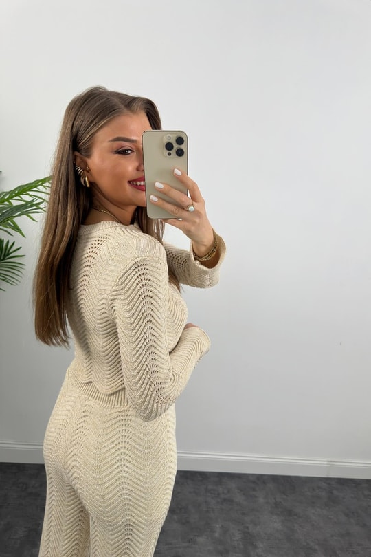 Lüx Kalite Astarlı Ajurlu Naturel Örme Takım