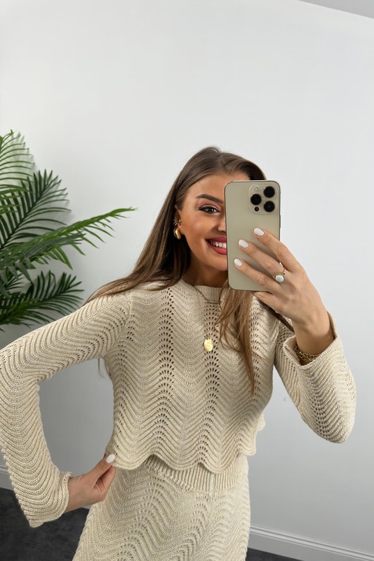 Lüx Kalite Astarlı Ajurlu Naturel Örme Takım