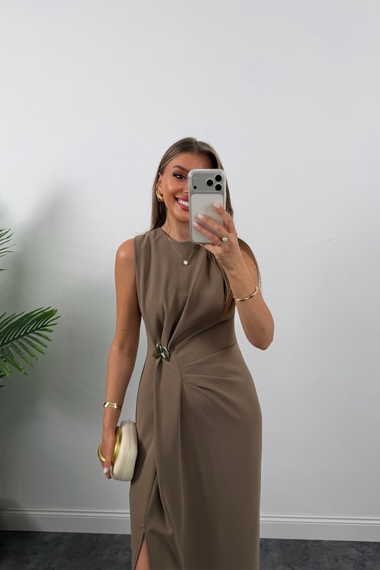 Lüx Kalite Bel Detaylı Drapeli Midi Boy Kalem Elbise Camel