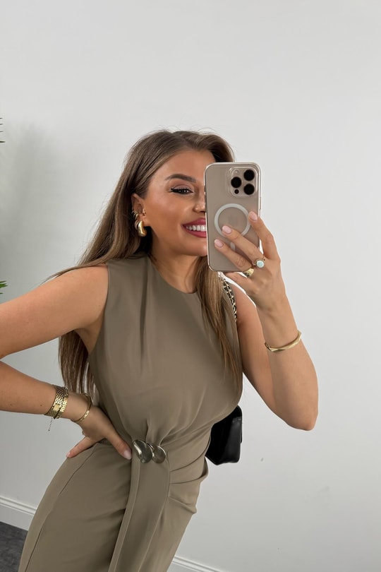 Lüx Kalite Bel Detaylı Drapeli Midi Boy Kalem Elbise Vizon