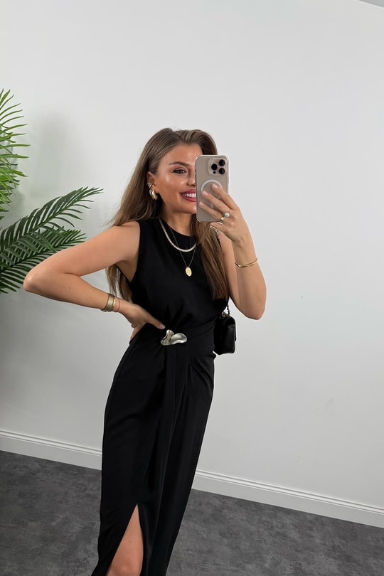 Lüx Kalite Bel Detaylı Drapeli Midi Boy Kalem Elbise Siyah