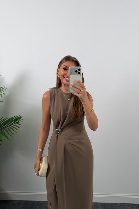 Lüx Kalite Bel Detaylı Drapeli Midi Boy Kalem Elbise Camel
