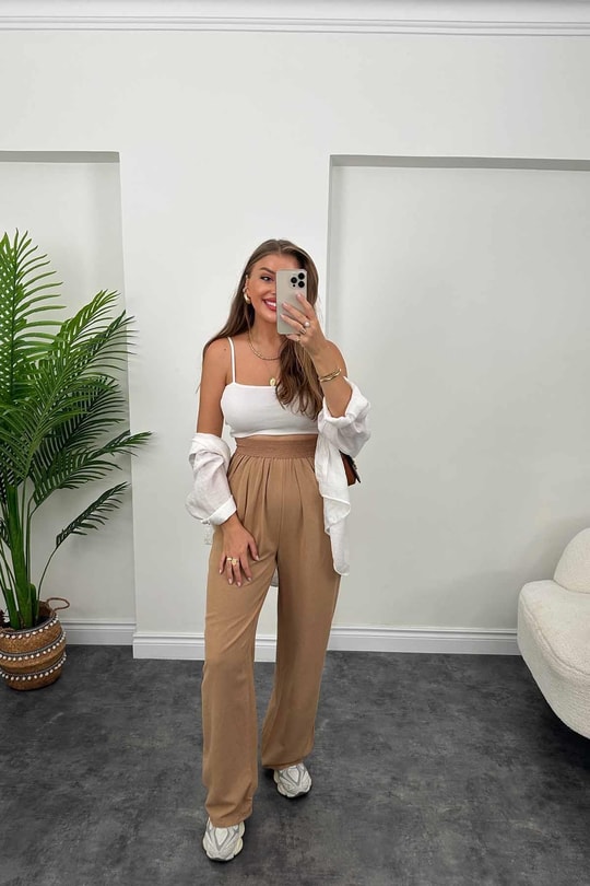 Lüx Kalite Beli Örme Lastikli Keten Palazzo Pantolon Camel