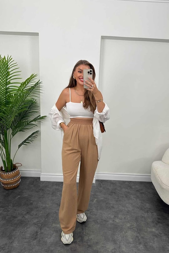 Lüx Kalite Beli Örme Lastikli Keten Palazzo Pantolon Camel