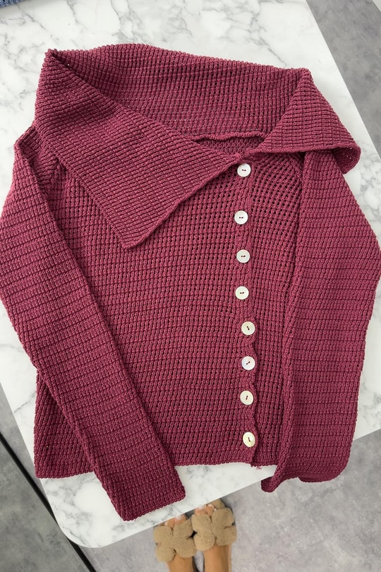 Lüx Kalite Devrik Yaka Düğmeli Pinterest Triko Bordo