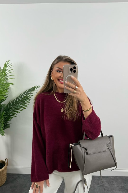 Lüx Kalite Dik Yaka Basic Yumoş Kazak Bordo