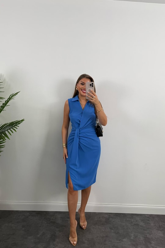 Lüx Kalite Eteği Düğümlü Yakalı Midi Elbise Mavi