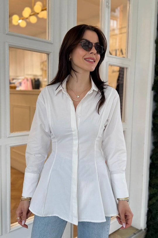 Lüx Kalite Eteği Pileli Peplum Oturtma Gömlek Beyaz