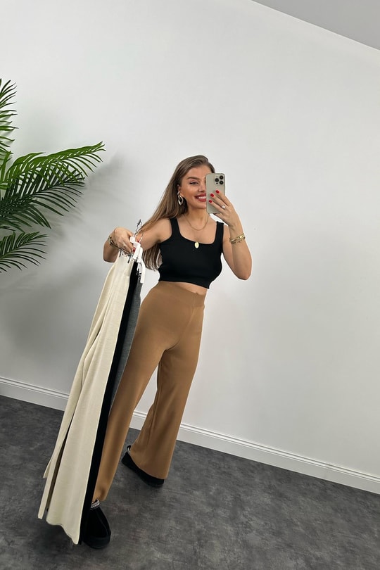 Lüx Kalite Flare Triko Pantolon Camel