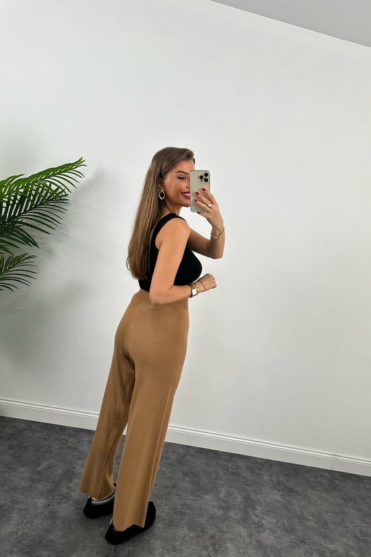 Lüx Kalite Flare Triko Pantolon Camel