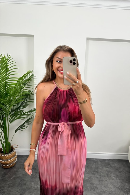 Lüx Kalite Fuşya Pembe Desenli Maxi Şifon Elbise