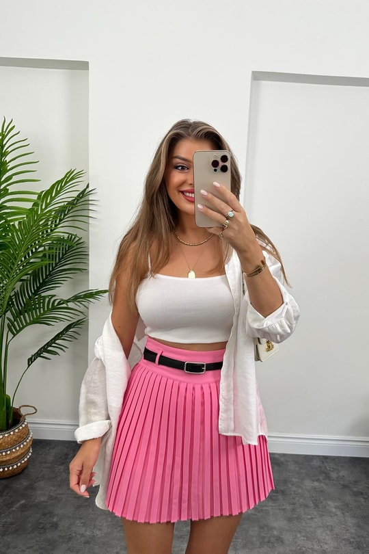 Lüx Kalite İçi Şortlu Pliseli Kemerli Etek Pembe