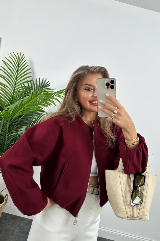Lüx Kalite Kaşe Bomber Ceket Bordo
