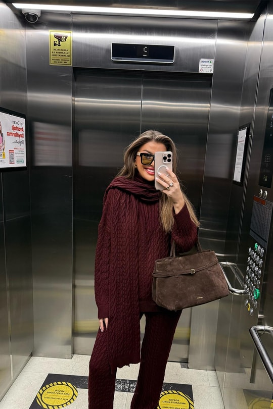 Lüx Kalite Kaşkollu 3 Parçalı Triko Takım Bordo