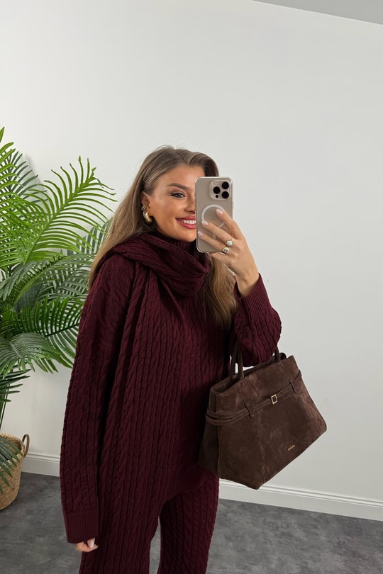 Lüx Kalite Kaşkollu 3 Parçalı Triko Takım Bordo