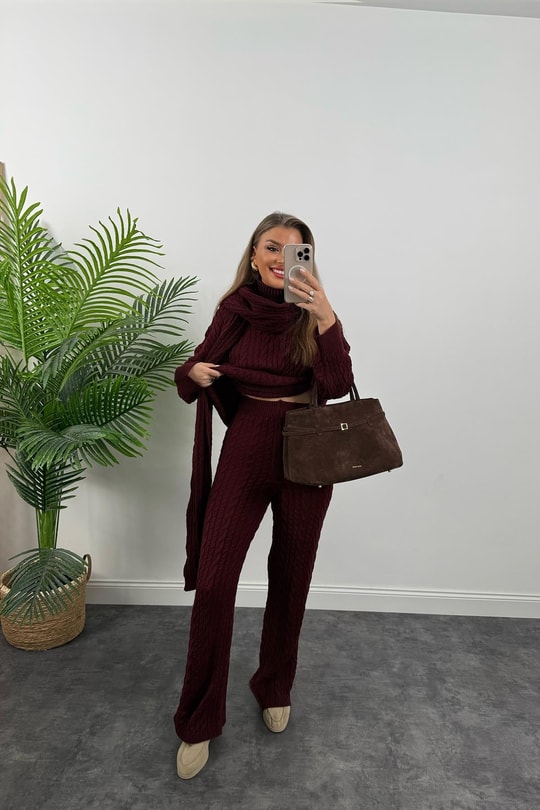Lüx Kalite Kaşkollu 3 Parçalı Triko Takım Bordo