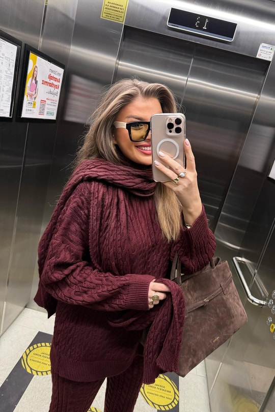 Lüx Kalite Kaşkollu 3 Parçalı Triko Takım Bordo