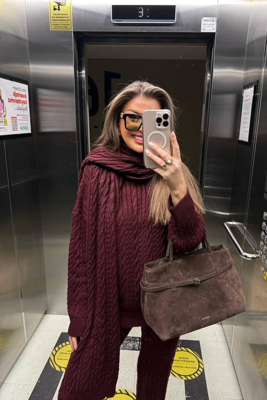 Lüx Kalite Kaşkollu 3 Parçalı Triko Takım Bordo