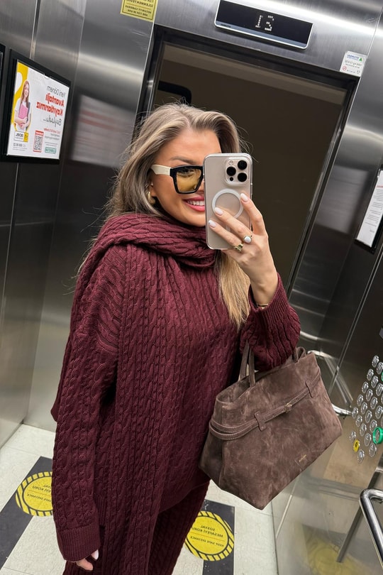 Lüx Kalite Kaşkollu 3 Parçalı Triko Takım Bordo