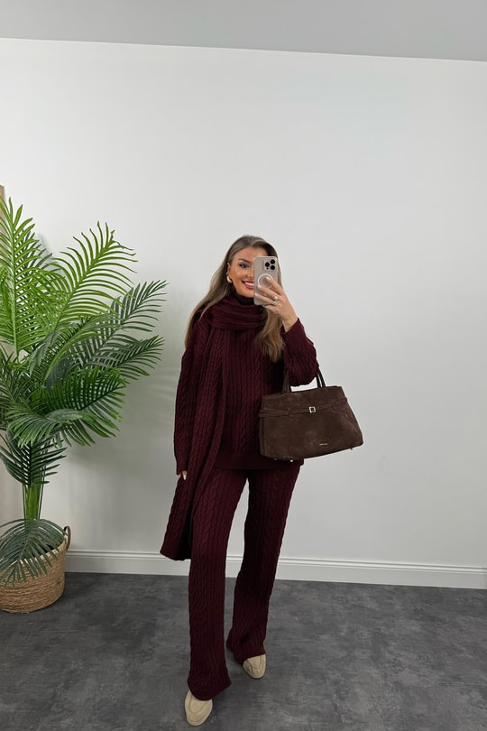 Lüx Kalite Kaşkollu 3 Parçalı Triko Takım Bordo