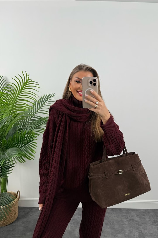 Lüx Kalite Kaşkollu 3 Parçalı Triko Takım Bordo