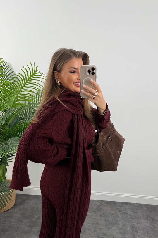 Lüx Kalite Kaşkollu 3 Parçalı Triko Takım Bordo