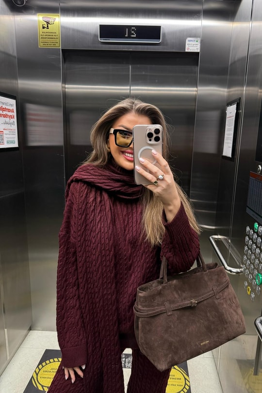 Lüx Kalite Kaşkollu 3 Parçalı Triko Takım Bordo