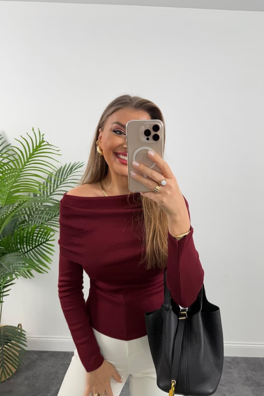 Lüx Kalite Madonna Yaka Elit Triko Kazak Bordo