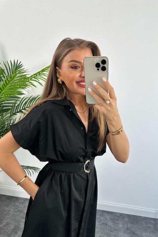 Lüx Kalite Marka Model Kemerli Midi Boy Kısa Kol Elbise Siyah